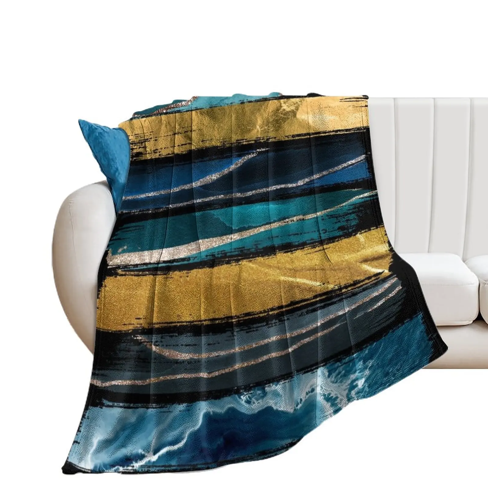 Abstract Teal and Gold Brushstroke Throw Blanket Sofa Quilt sofa bed warm winter Designers Blankets