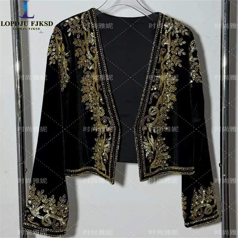 Women's V-Neck Short Jacket Gold Sequin Nail Bead Fashion Palace Style Heavy Industry Elegant Open Stitch Top Jacket