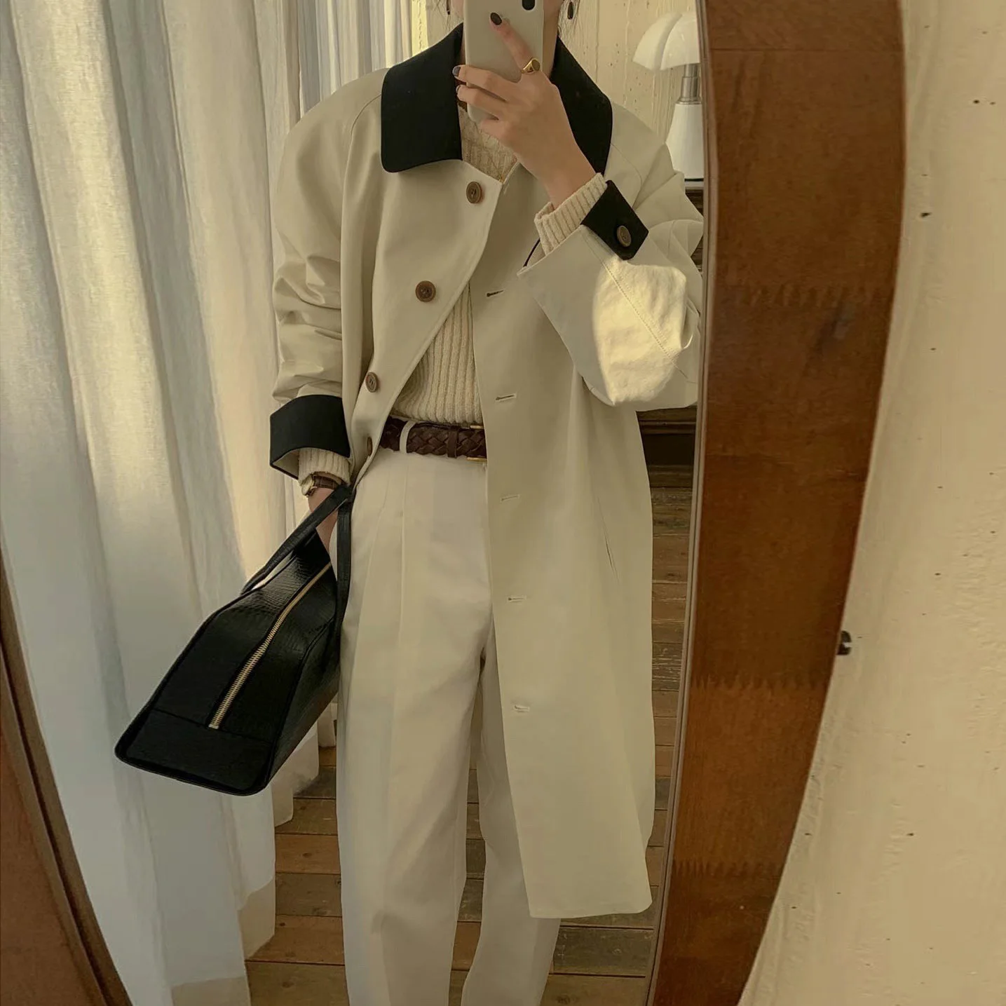 SuperAen French Style Retro Classic Contrast Color Turn-down Collar Single-button Long Trench Coat Fashion Oversize Coats