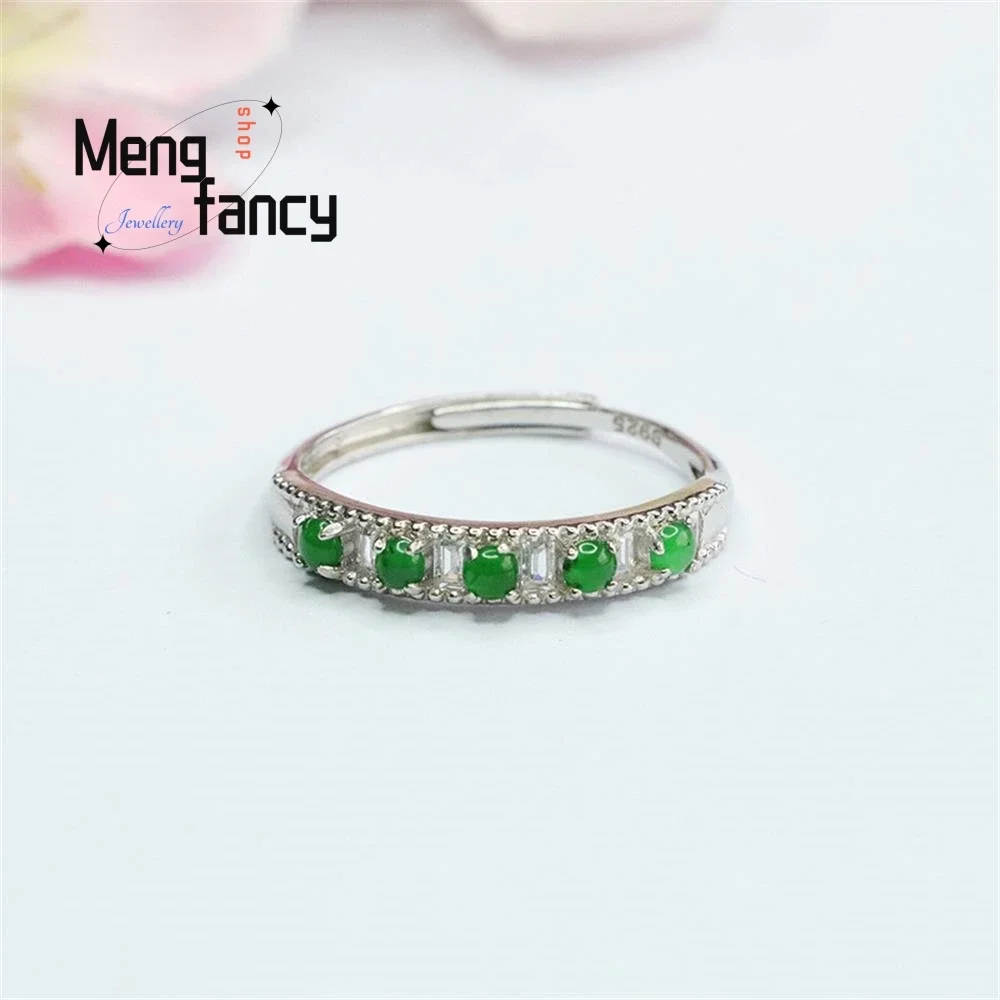 S925 Silver Lnlaid Natural Jadeite Ice Type Imperial Green Row Exquisite Elegant Simple High-grade Ring Couple Fashion Jewelry