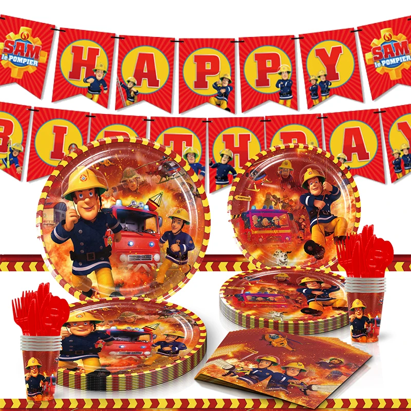 Fire Truck Birthday Party Decoration Fireman Sam Disposable Tableware Paper Paltes Cups Napkins