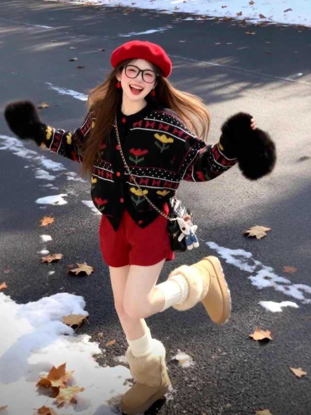 

Red Knitted Sweater And orts Set Retro Sli Faionable Winter Warm High Waist Button up Casual Wear for Women