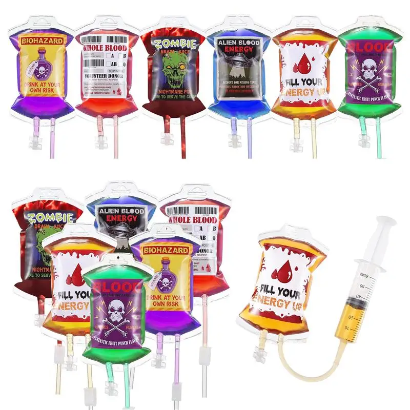 12pcs Simulated Blood Bag Party Cups for Drink Beverage Container Pouches Themed Party Favors Doctor Nursing Costume Accessories