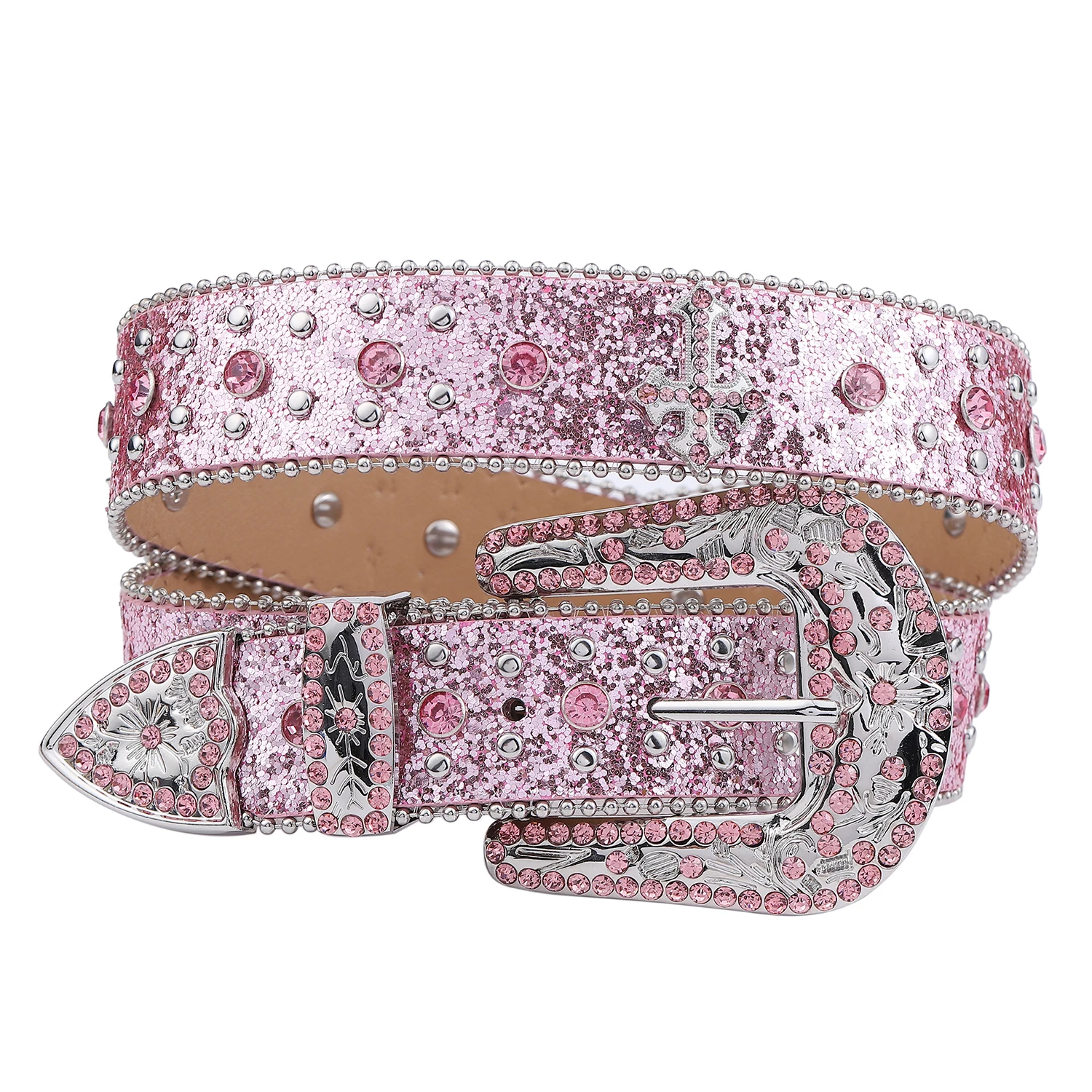 Pink cross-rivet Rhinestone belt sparkles, punk rock inlaid leather belt for men\'s jeans