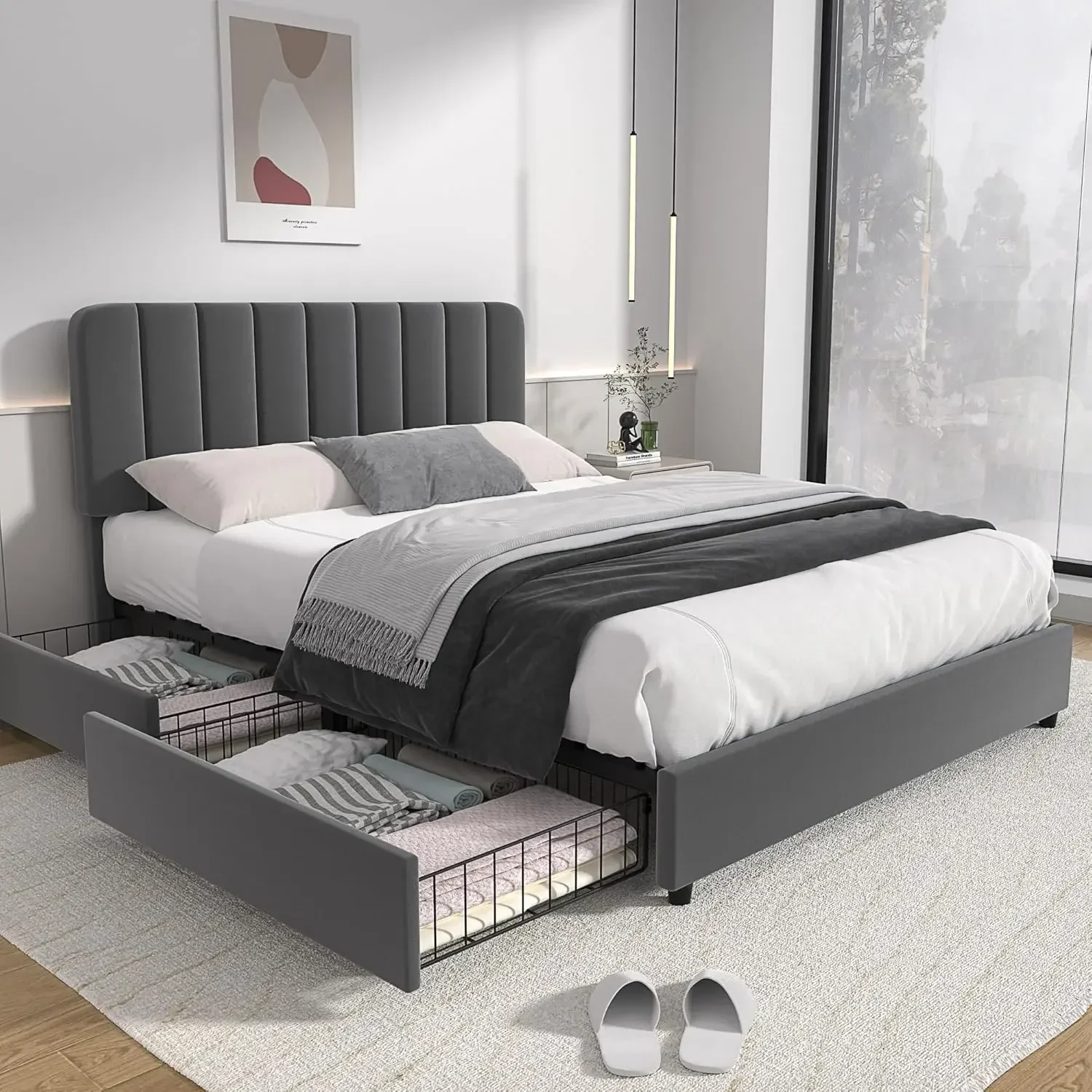 Full Size Upholstered Bed Frame with 4 Drawers and Adjustable Headboard, Velvet Platform Storage Bedframe Mattress Foundation