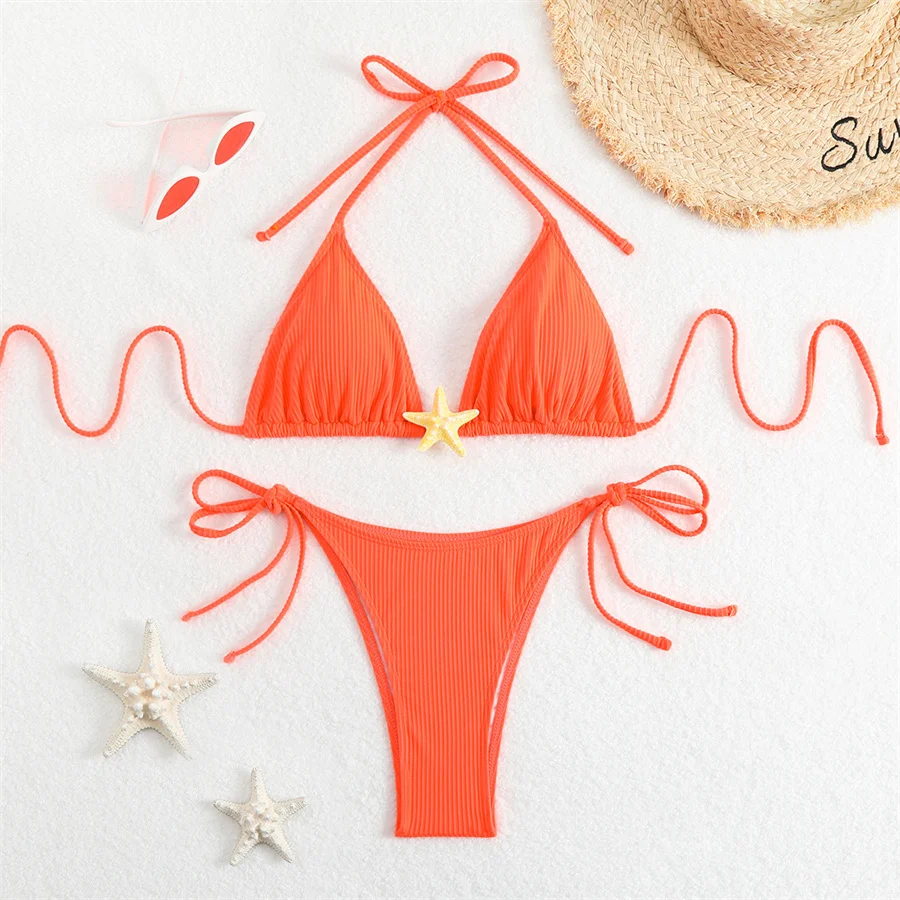 Women Swimsuits Separate Halter Bikinis Set With Chest Pad Solid Color With Starfish Beachwear Summer Vacation Two-Piece Sets