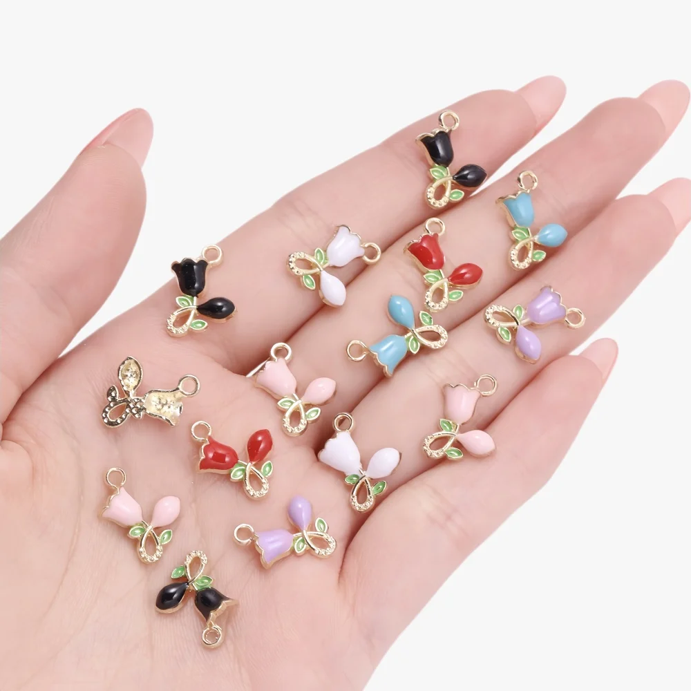 10Pcs Lily Flower Charm for DIY Jewelry Making Colorful Enamel Small Pendant Earrings Bracelet Handmade Accessories Gold Color