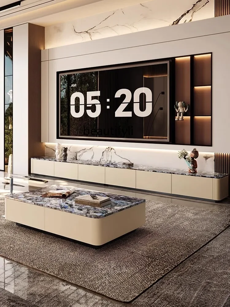 

zxqModern Simple Luxury Slate Floor Coffee Table TV Cabinet Combination Living Room Home Light Luxury Saddle Leather Lengthened
