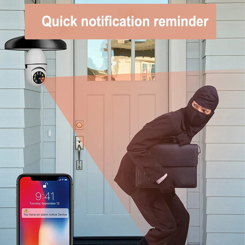 كاميرا Wifi Mini E27 Bulb IP - رؤية ليلية كاملة الألوان + تتبع بشري تلقائي، شاشة مراقبة أمنية داخلية