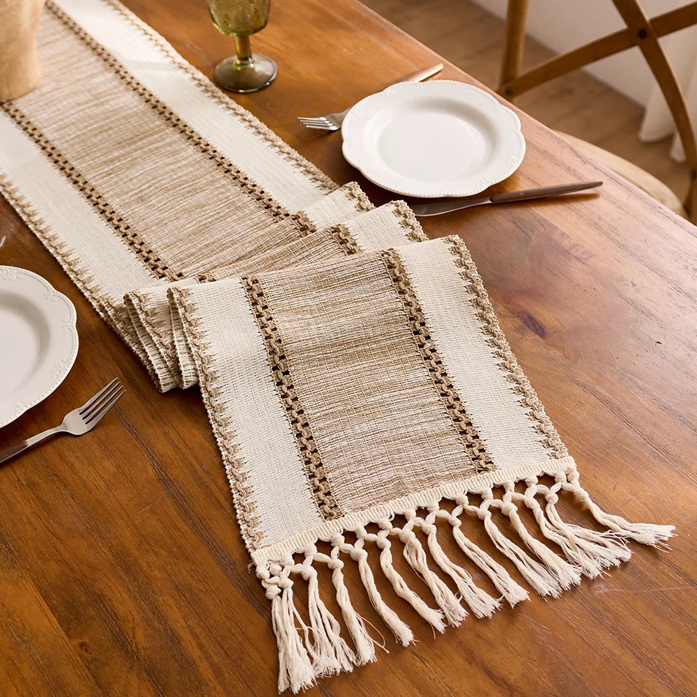 Khaki Makramee-Stil Boho Farmhouse Tischläufer mit Quasten Rechteckiges Design Strapazierfähiger Stoff für Heim-, Restaurant- und Küchendekoration – Detail 6
