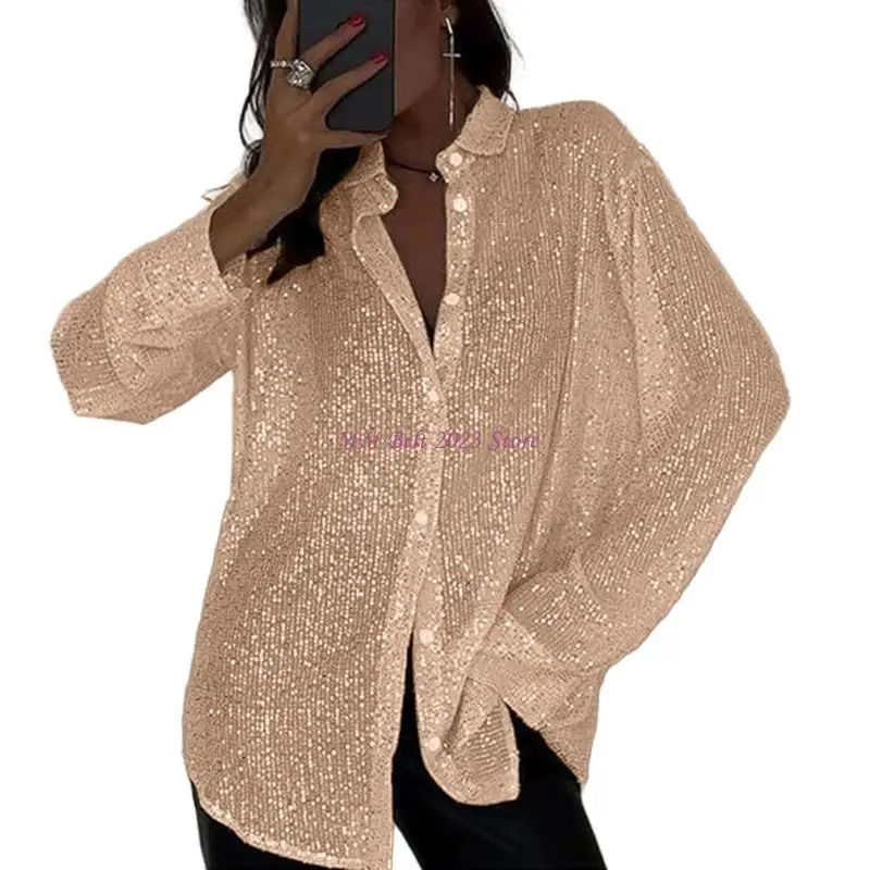 49ME Womens Sequins Long Sleeve Collared Shirts Button Down Open Front Shirt Loose Blouses Glitter Button Down Shirt