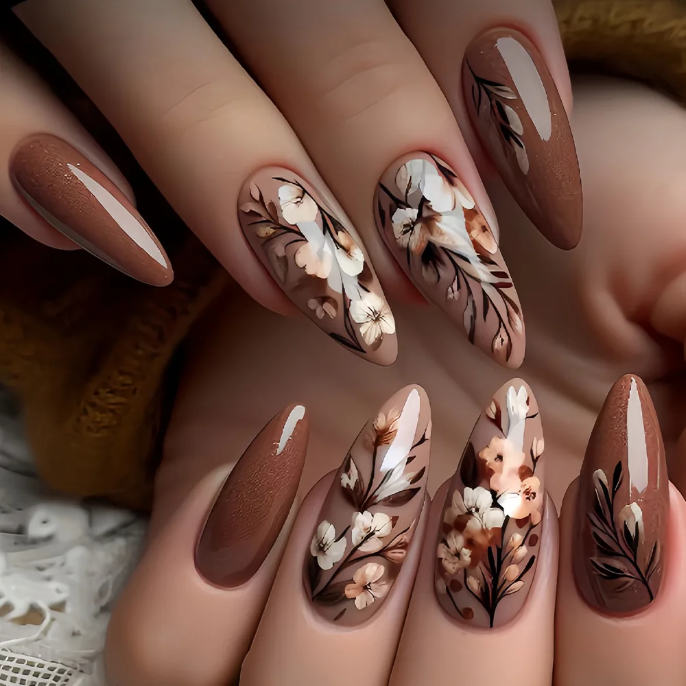 

24 шт., простые коричневые цветы, миндалевидный пресс на ногтях, коричневые блестящие французские накладные ногти, осенние накладные ногти для женщин, нашивка