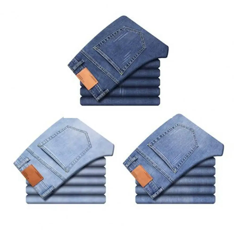 

Comfortable Denim Jeans Stylish Men's Denim Pants Distressed Small-legged Jeans with Pockets Solid Color Splicing for Everyday