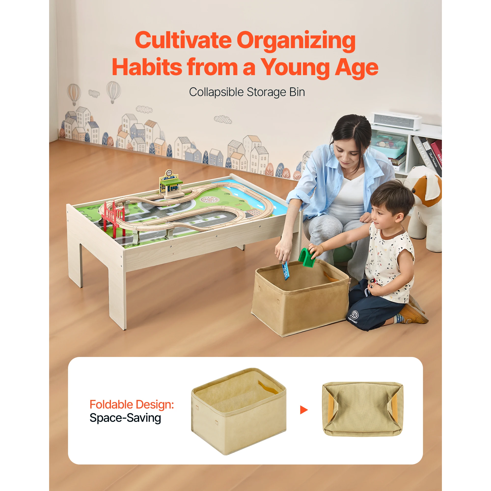 SucceBuy Ensemble de table de train en bois pour enfants 84 Jouets de table de jeu d'activité multicolore avec bac de rangement pour enfants Jouet de dessin de jeu