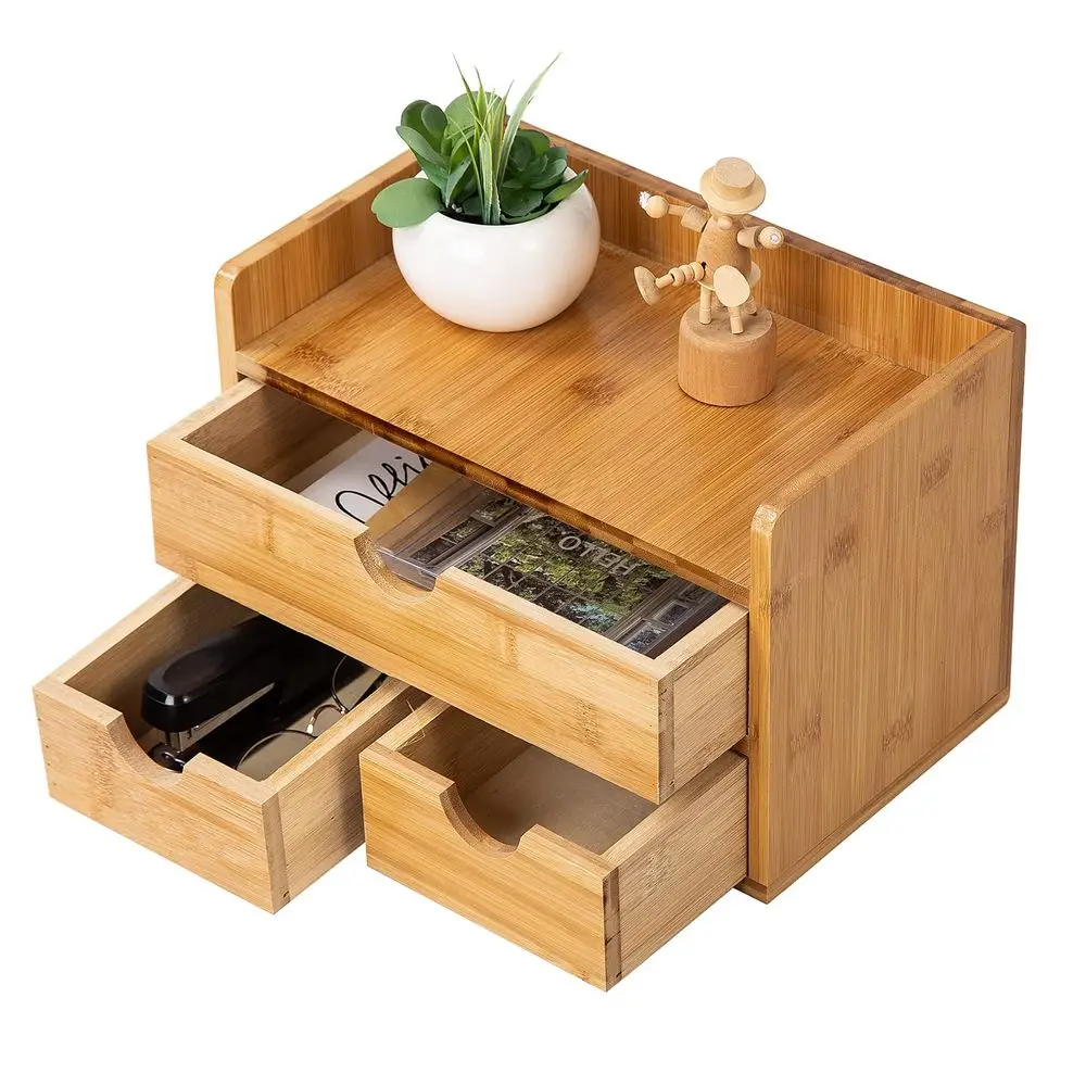 

Distressed white 3Tier Bamboo Desk Organizer with 3 Drawers Mini Storage Shelf For Desk, Toiletries Vanity Office Supplies bamb