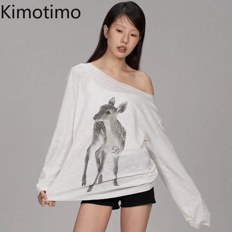 Kimotimo Summer Print Off Shoulder Long Sleeve T-shirt Women 2026 New Casual Transparent Loose Lazy Top Kpop Fashion Y2k Tees