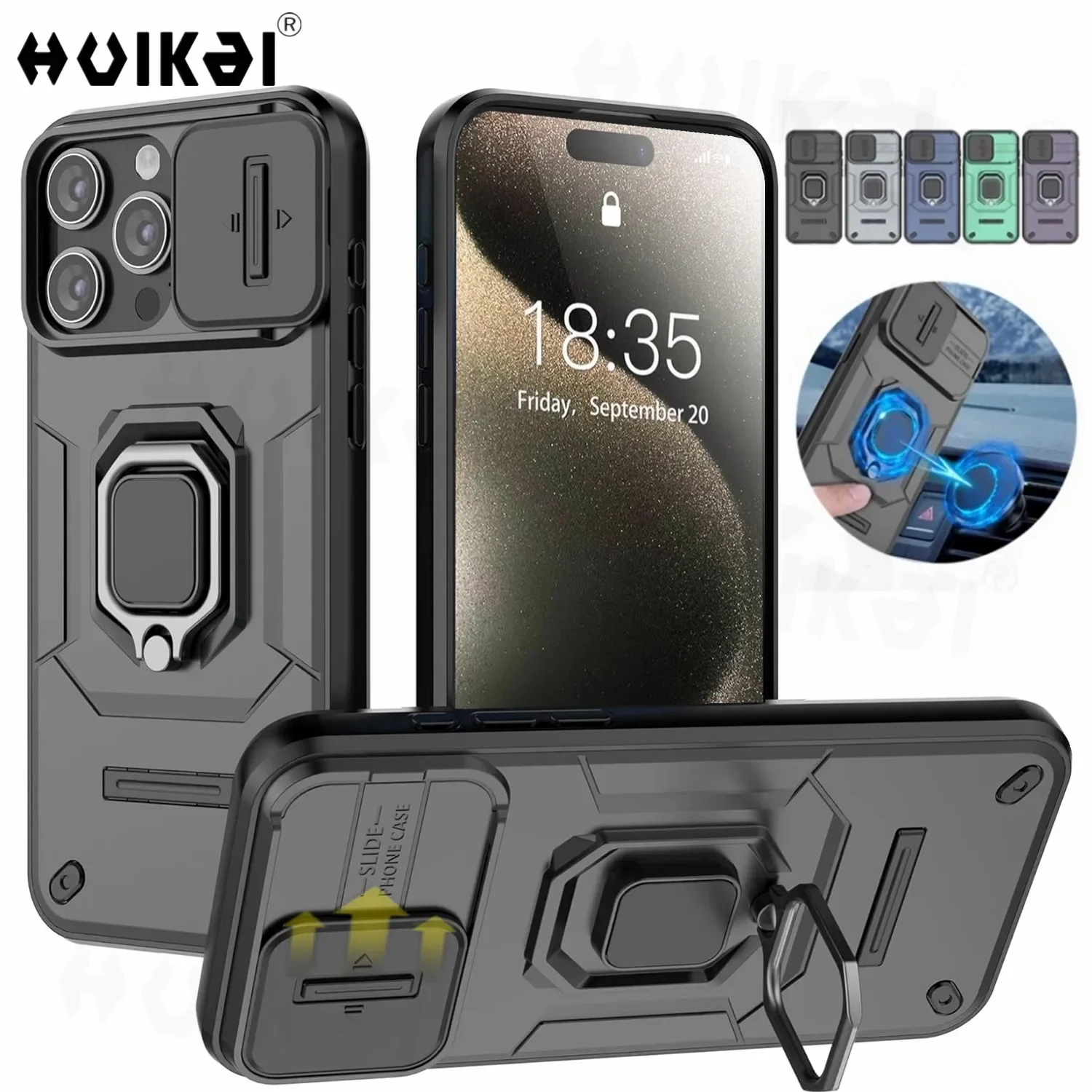 Case For iPhone 16 Pro Max 16 Plus 15 Pro Max 14 13 Pro Max Slide Camera Ring Stand Armor Anti-fall Protection Kickstand Covers