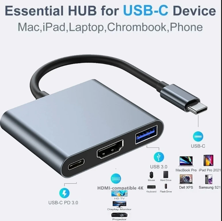 3-in-1 USB C Hub with 4K HDMI USB 3.0 Ports 100W PD Charging Aluminum Shell for MacBook Pro/Air Laptops - Image 3