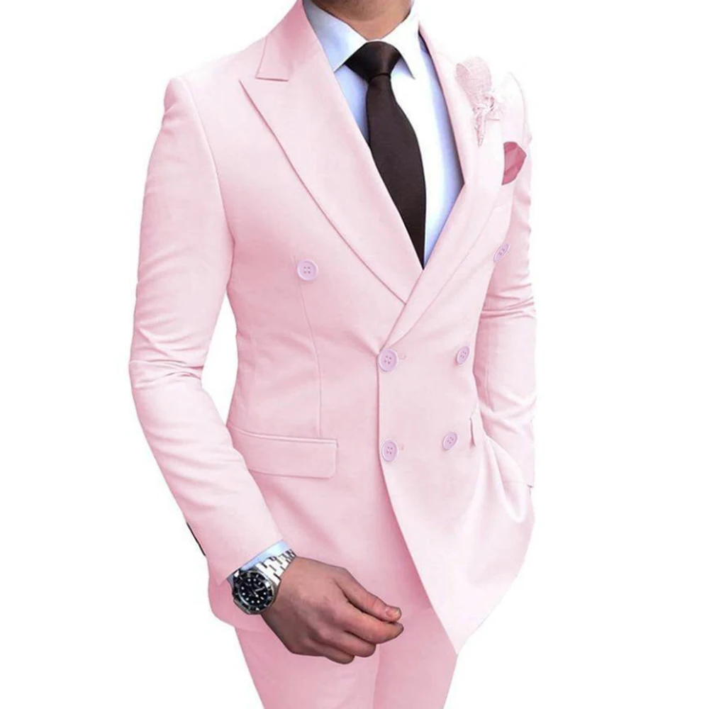 Pink Double Breasted Peak Lapel Men Suits Luxury Wedding Groomsmen Outfits Slim Fit 2 Piece Jacket Pants Outfits Costume Blazer