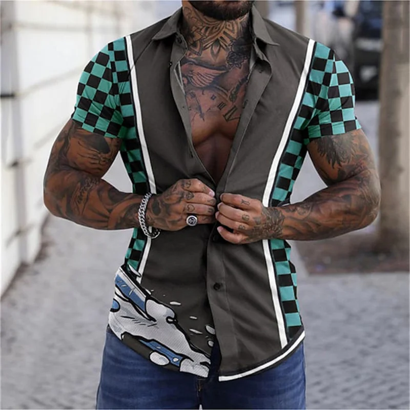 Summer Men's Checkered Printed Short Sleeved Shirts Casual Breathable Button Shirts Men's Personalized Comfortable Lapel Shirts