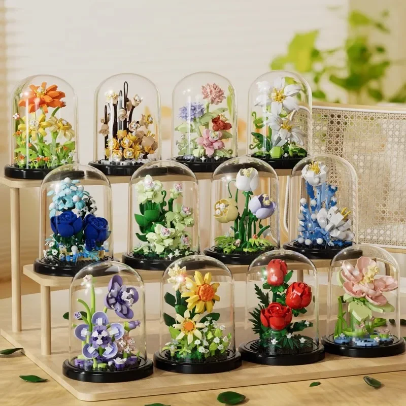 Flower Bouquet Bonsai Building Blocks Artificial Plastic Plant Dust Cover Micro Model Home Decoration Toy For Kid Birthday Gift