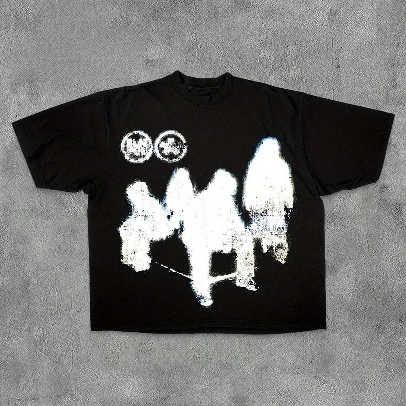 BBK Men's Y2K-Inspired 100% Cotton T-Shirt - Soft Comfortable Black with Abstract White Figures Design Casual Short Sleeve