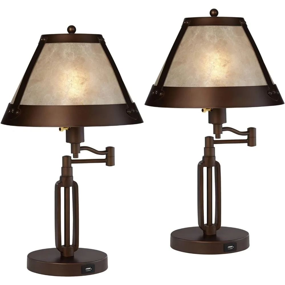 High Small Farmhouse Rustic Traditional Desk Lamps Set of 2 USB Port Swing Arm with Socket Brown Bronze Finish Metal Living