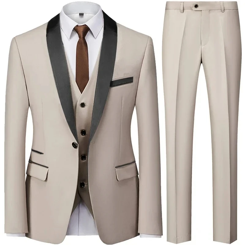 T333 Men Mariage Color Block Collar Suits Jacket Trousers Waistcoat Male Business Casual Wedding Blazers Coat Vest Pants 3 Piece