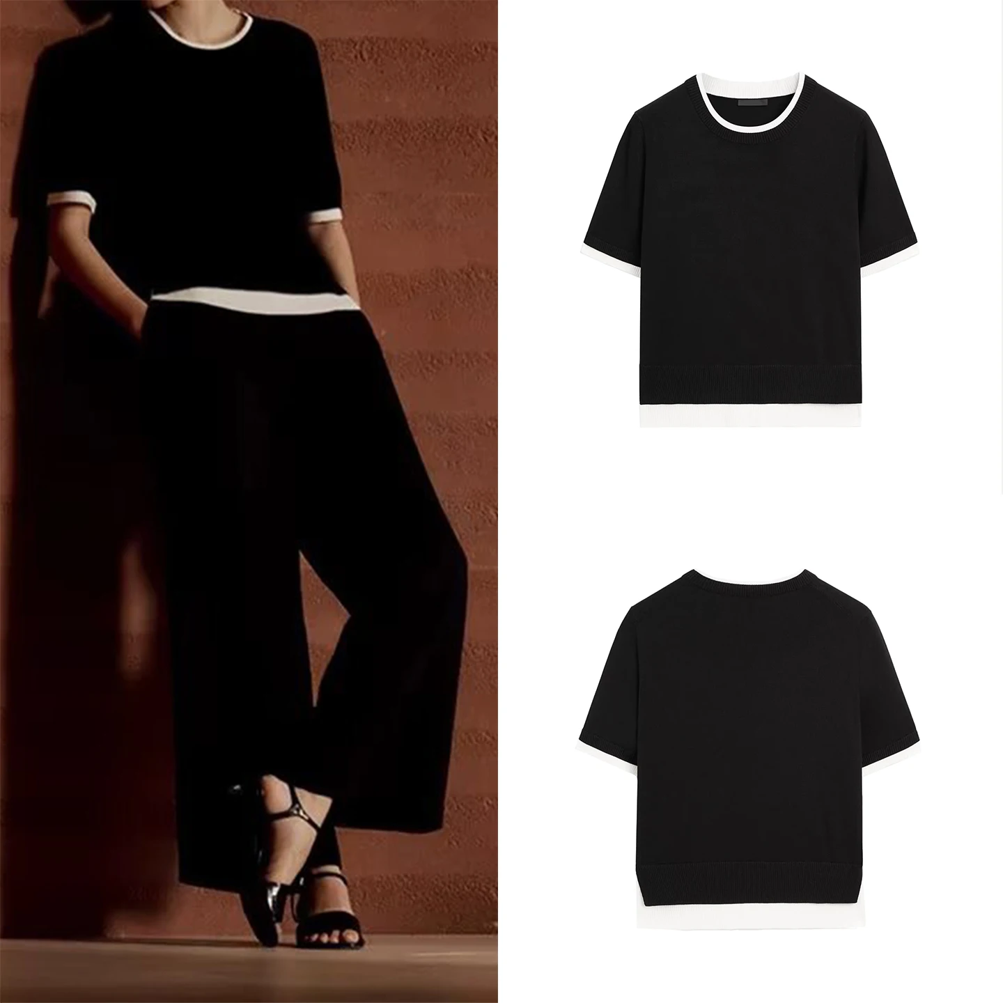 

Fashionable Knitted Short Sleeve Color Block Women's Top Personality Style Autumn 2025 Zadata Brand round Neck Pure Color