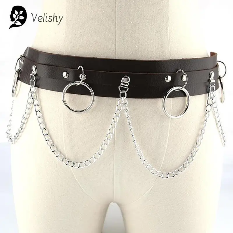 Faux Leather Metal Circle Chain Tassel Waist Belt Punk Gothic Body Accessories