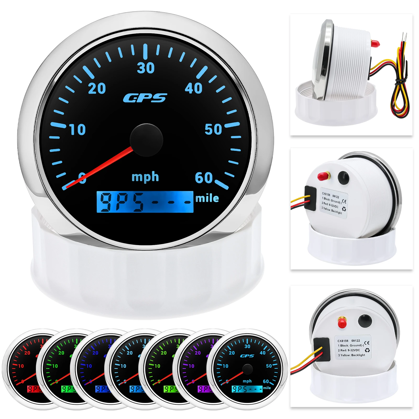 A 30~200MPH 85mm GPS Speedometer Gauge 7 Color BackLight Speed Odometer with GPS Antenna for Universal Car Boat Marine RV 12V24V