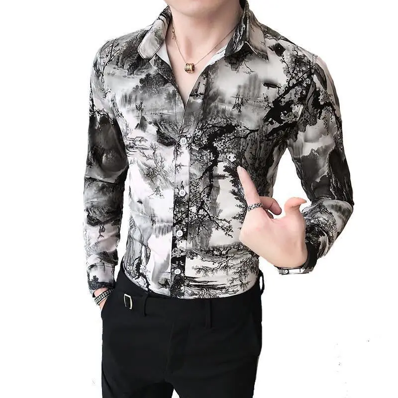 Stylish Lapel Button Spliced Printed Tie Dye Shirts Men's Clothing 2024 Spring New Oversized Casual Tops Korean Shirt