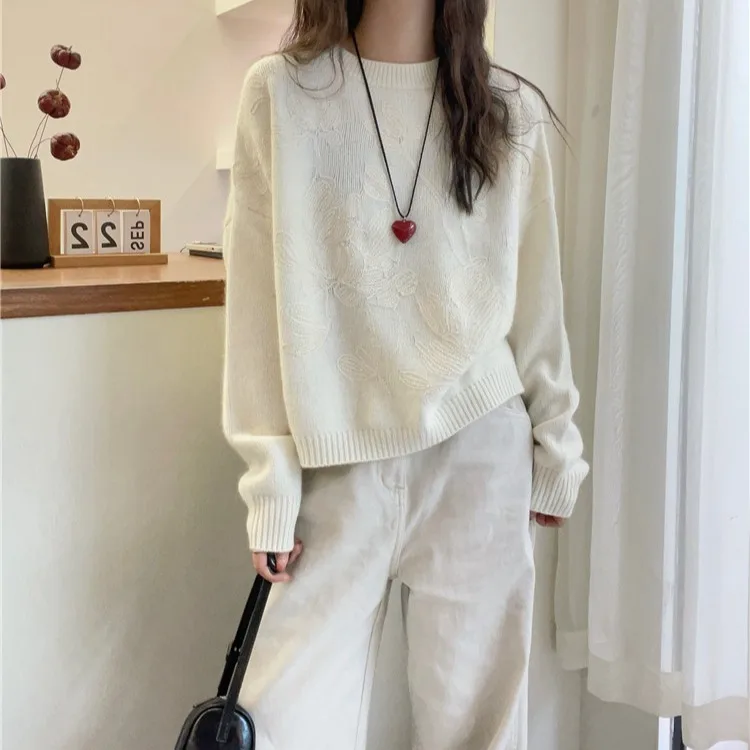 

Loose White Knitted Sweater Korean Sle Lazy Sle Autumn Winter Women's Faion Casual Comfortable Breathable Long Sve Top