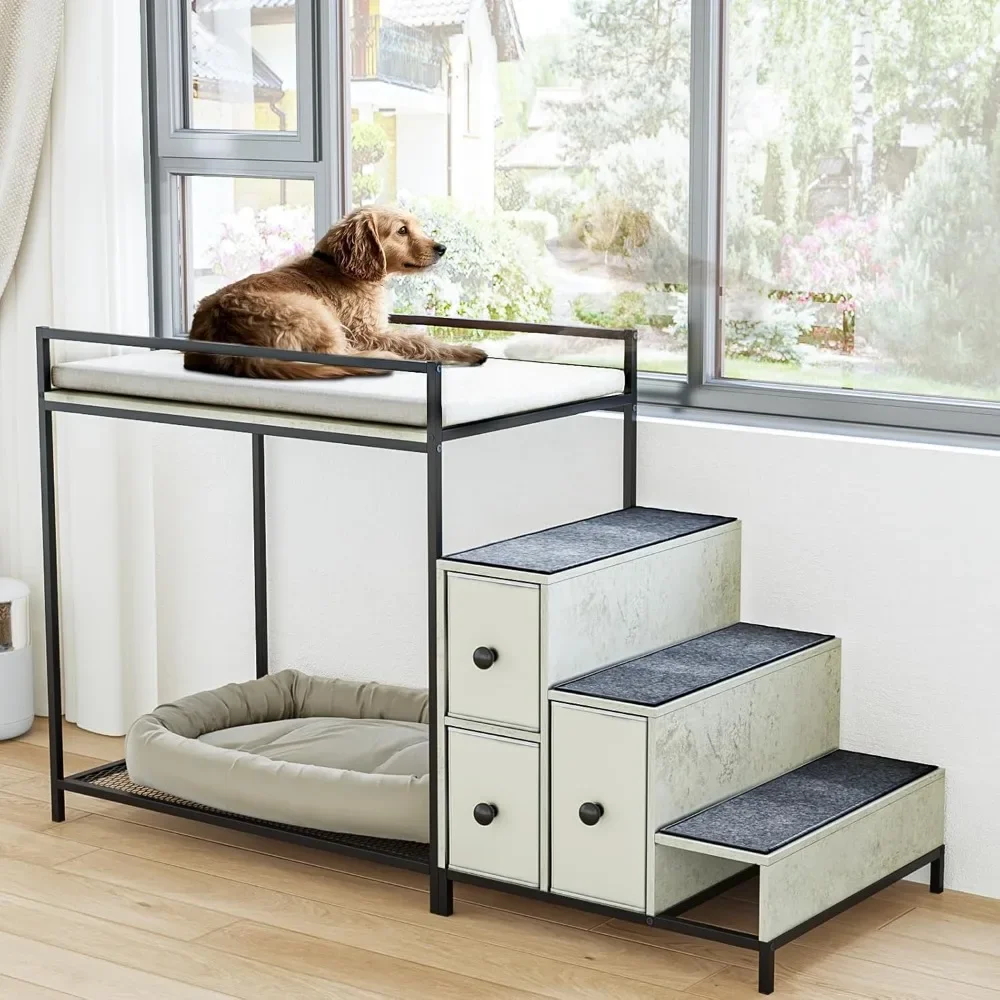 

"Pet Bunk Bed with Stairs & Storage, Dogs/Cats Window Perch Lounge, Elevated Multi-Level Platform Bed"