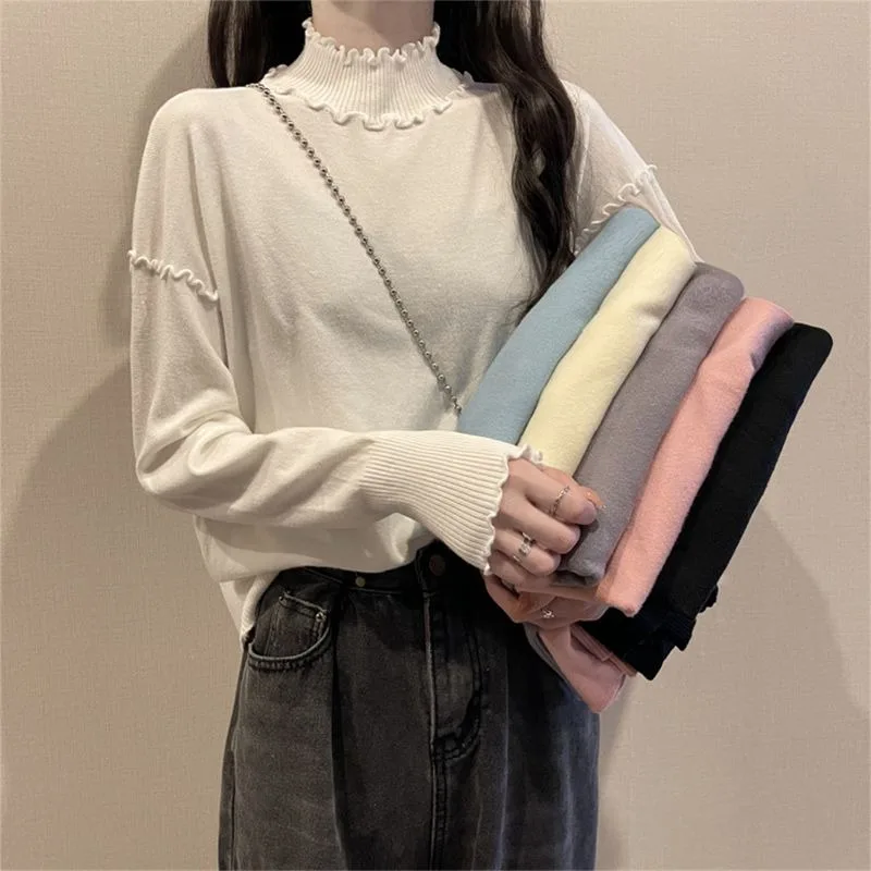 Turtleneck Fashion Women Sweaters 2024 Knit Top Autumn Pullovers Knitwears Solid Long Sleeve Clothes Ruffles Ladies Sweater New