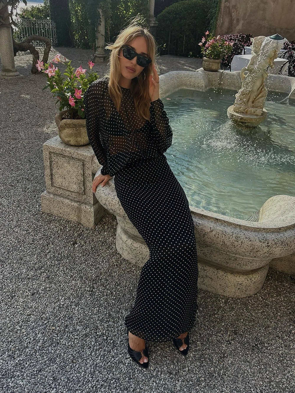 فستان شيفون نسائي غير رسمي أوروبي وأمريكي لخريف 2025 بلون سادة وأكمام طويلة منقط فرنسي #3