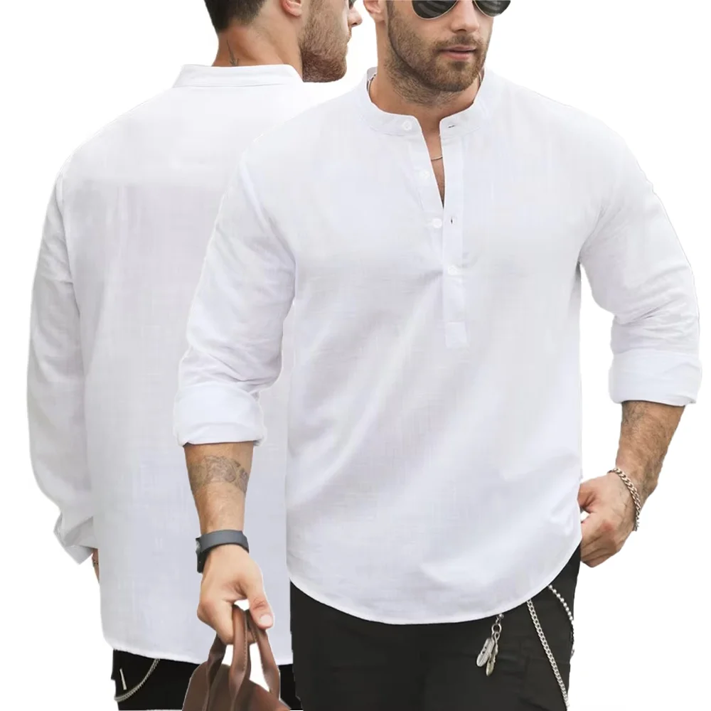 الرجال الربيع الصيف مائة الألوان الصلبة عادية بسيطة رجالي بلايز تنفس القطن الكتان الرجال زر أسفل القمم