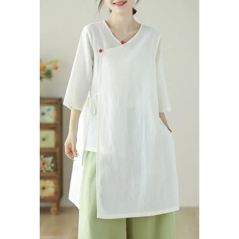

Chinese Style Zen White Tea Suit Women's Mid-length Summer Slanted Placket Lace-up Slit Cotton Linen Shirt Improved Retro Top