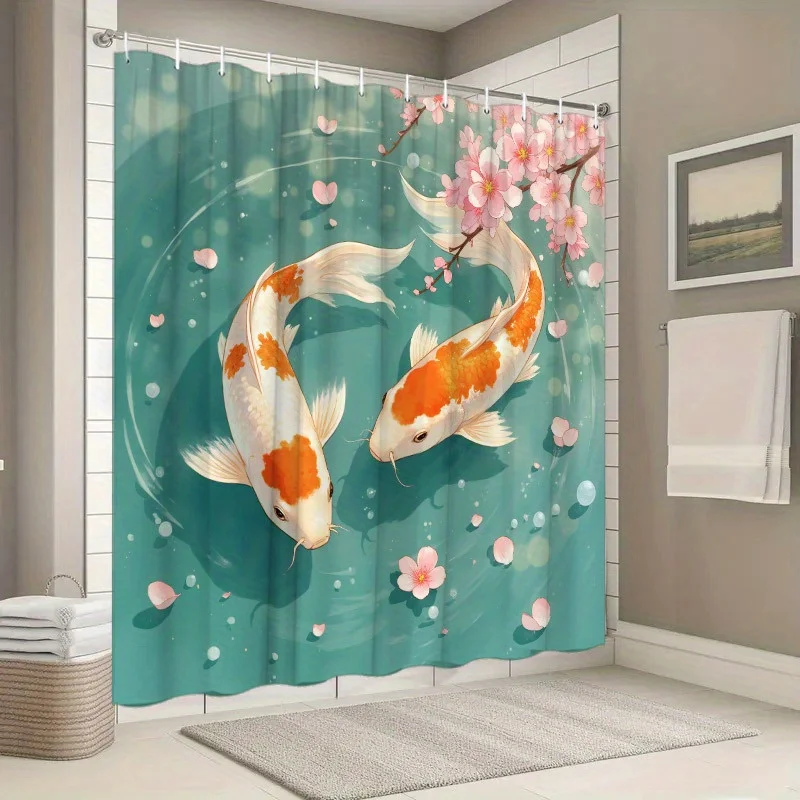 Koi Fish in Serene Pond Rideau de douche – Résistant à l'eau, facile à nettoyer, ajoute une touche orientale et tranquilique pour votre salle de bain