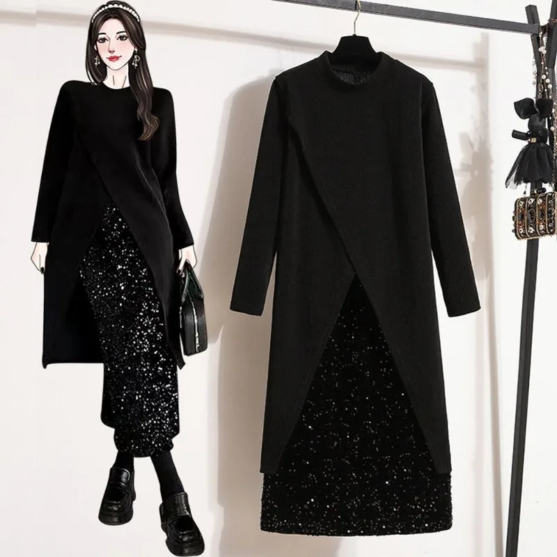 Women Fashion Irregular Split Long Knitted Top Sequines Skirts Two Piece Set Spring Autumn Lady Cool Black Sweater Skirt Outfits