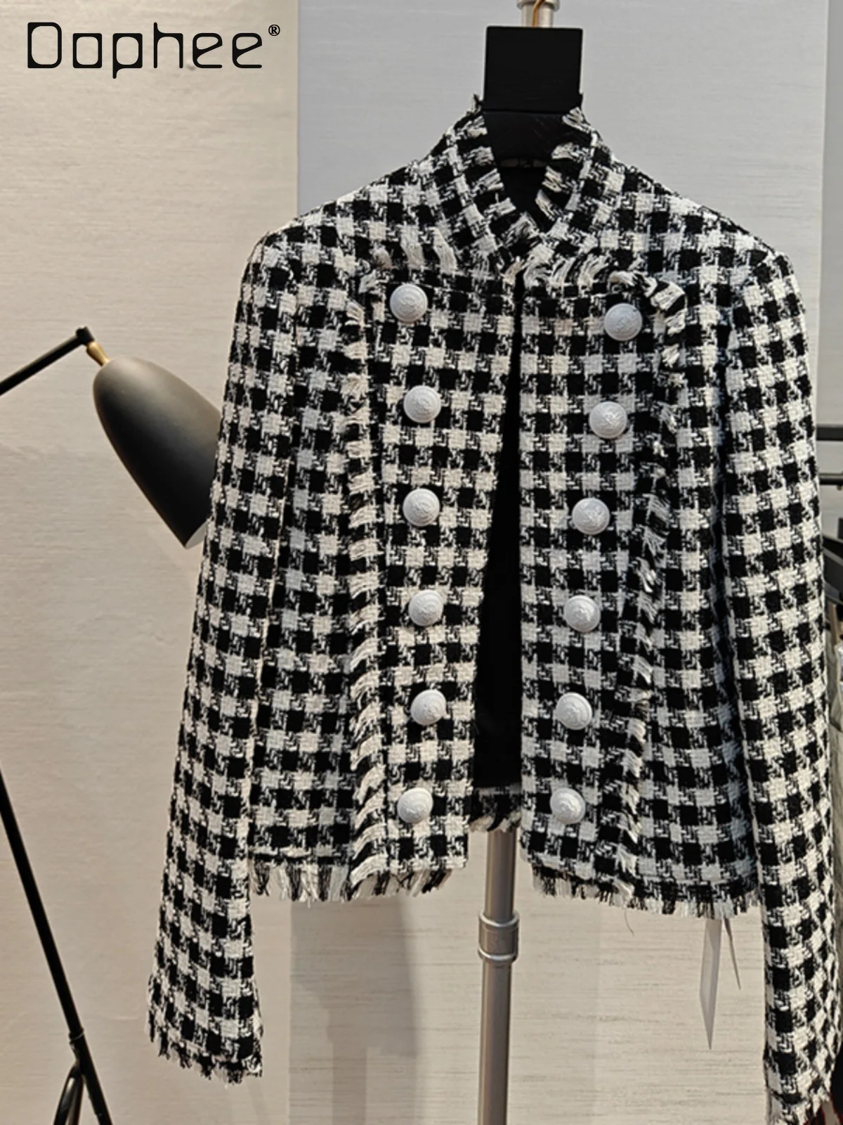 

Houndstooth Short Jacket Ladies Tassel Double Breasted Stand Collar Long Sleeve Coats Retro Elegant 2024 Autumn New Fashion