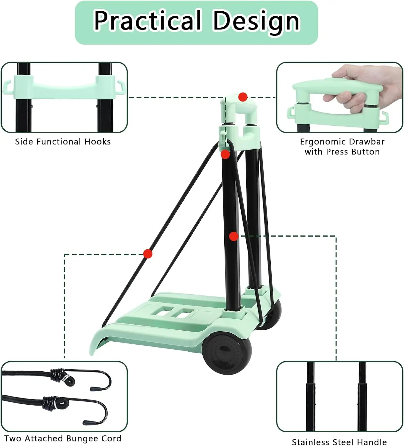 شاحنة يدوية قابلة للطي، عربة دوللي قابلة للطي للتحريك، عربة منصة دوللي المرافق أقصى قدرة 40 كجم/88 رطل ارتفاع قابل للتعديل