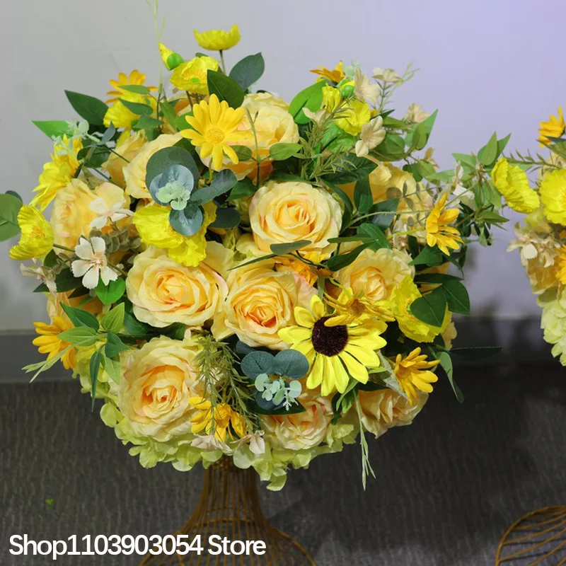 Gelbe Rose Sonnenblume Grünpflanzen Künstliche Tischdekorationen Blumenball Rasen Hochzeitsempfang Dekoration Event Bankett Party Requisiten – Detail 7