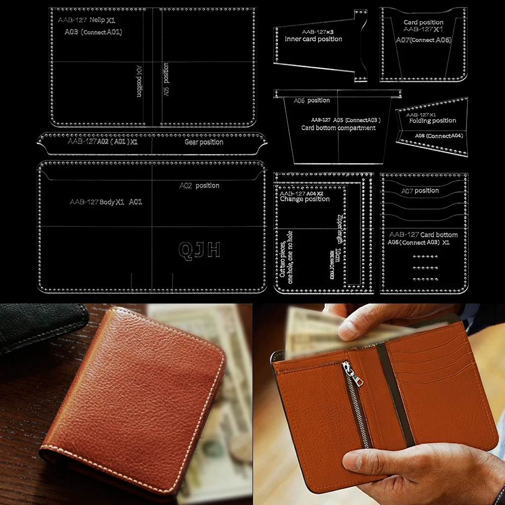 1 Satz Vorlage zur Herstellung kurzer Brieftaschen, Acrylzeichnung mit Löchern, Mustern von Lederhandtaschen, DIY handgemachte Nähen von Lederdesignform