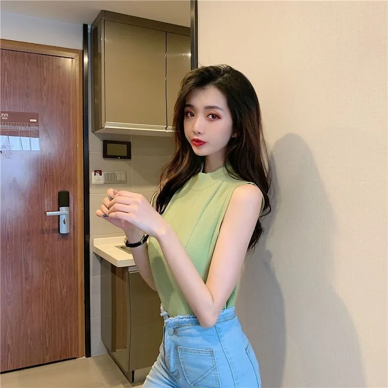 الصيف الربيع تانك القمم المرأة أكمام محبوك تي شيرت المحاصيل القمم الإناث مطاطا سليم سترات غير رسمية البلوز كاميس