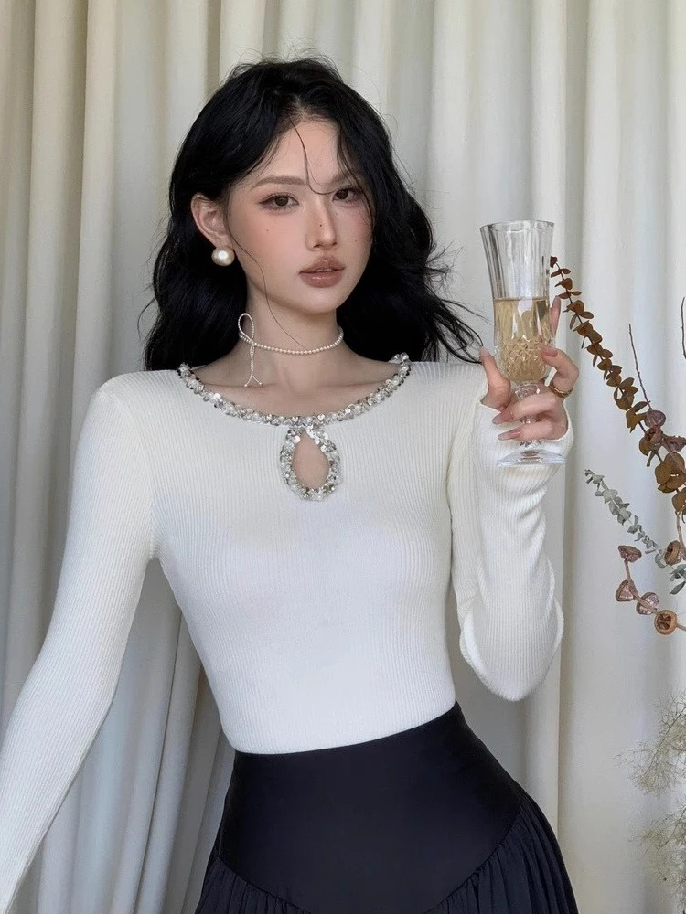

French Elegant Knitwear Women Pearl Embellished Sequin See Through Sweater Vintage Aristocratic Style Y2K Top
