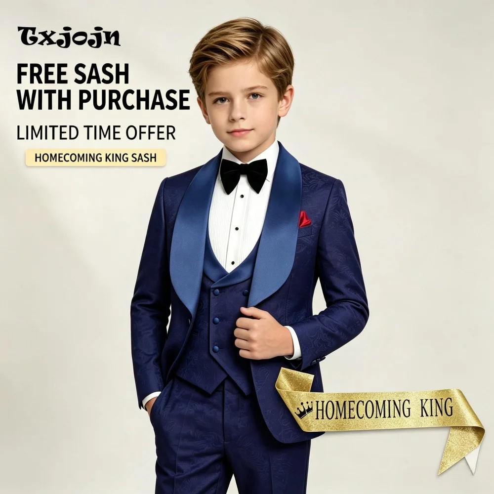Trend Homecoming Boys Suit Jacquard Jacket Pants Vest 3PC Formal Blazer for Kids Wedding Tuxedo Suits 2-16 Years Custom Cloth