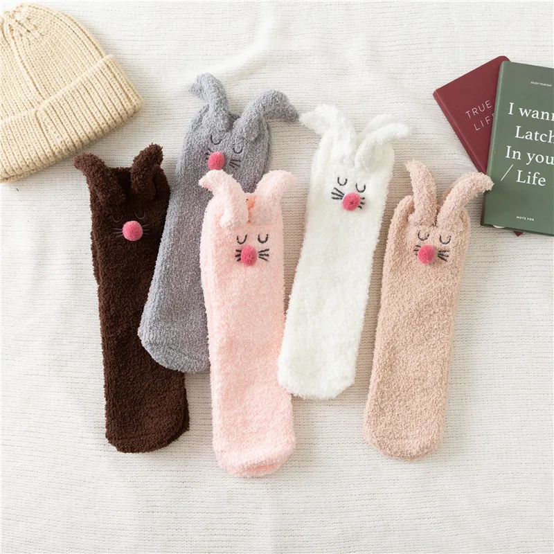 Women Winter Fuzzy Slipper Socks Cartoon 3d Rabbit Ears Warm Sleeping Hosiery Female Coral Velvet Home Floor Socks Sleep Socks