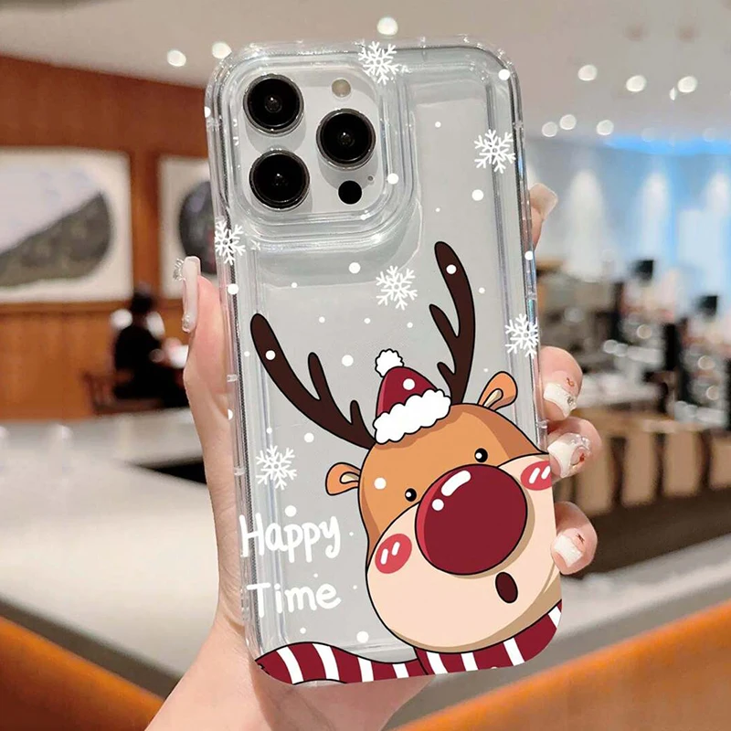 Santa Claus Elk Snowman Christmas Clear Phone Case for OPPO Reno 7Z 8T 5 6 6Z 7 8 8T 10 Pro Plus F9 F11 4G 5G Airbag Cover