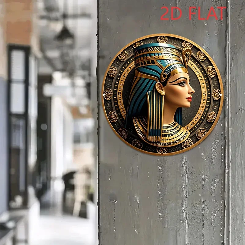 Nefertiti Bust Wall Art Decoration, 2D Aluminum Metal Sign with Egyptian Hieroglyphic Pattern, Vintage Pharaoh Gold-Plated Turquoise 8X8